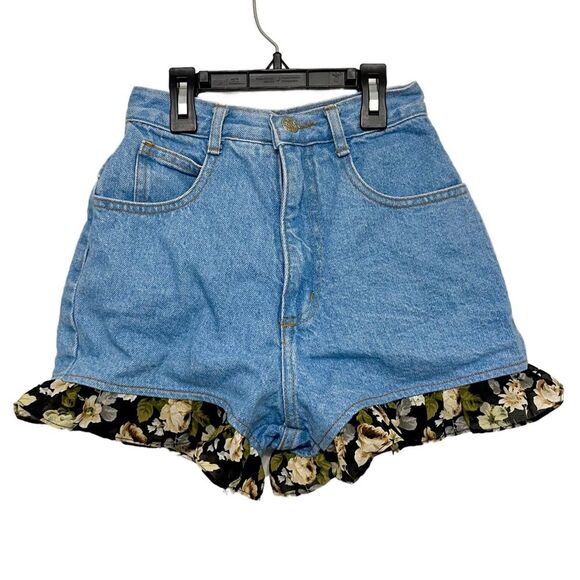 California Concepts Vintage High Rise Mom Denim Shorts with Floral Fabric Trim - Picture 1 of 5